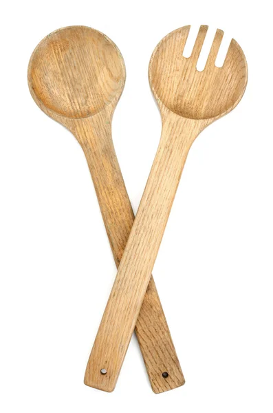 Cucchiai di legno e forchetta su sfondo bianco — Foto Stock