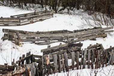 Kış mevsiminde ağaç gövdelerinden ve dallardan oluşan eski çökmüş ahşap çitler.