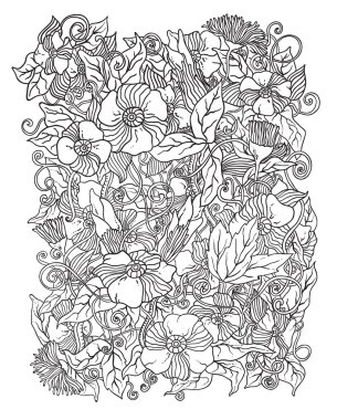  floral background, hand drawn retro flowers and leaves in shades of gray
