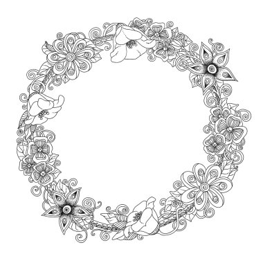 Vector floral siyah beyaz kart, elle çizilmiş grafik çiçekler ve daire içinde bırakır