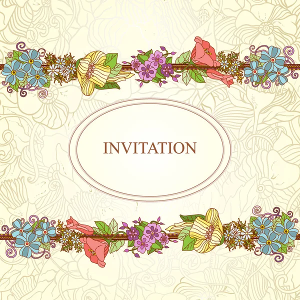 Tarjeta de invitación floral vectorial, flores retro dibujadas a mano y hojas en círculo — Archivo Imágenes Vectoriales