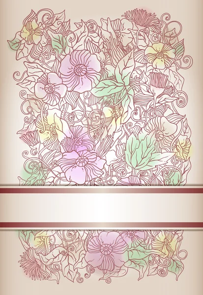 Vector floral uitnodigingskaart, hand getrokken retro bloemen en bladeren — Stockvector