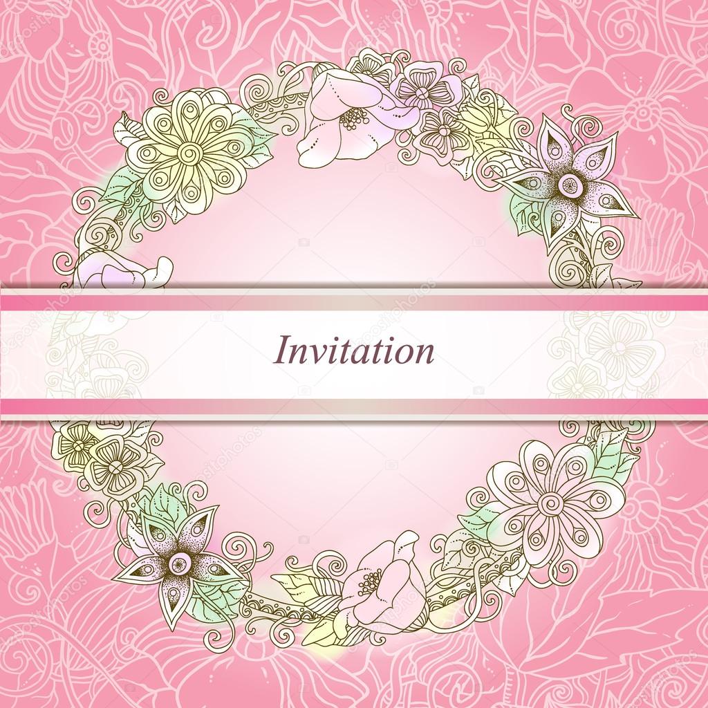Vector floral invitation card, hand drawn retro flowers and leaves in circle