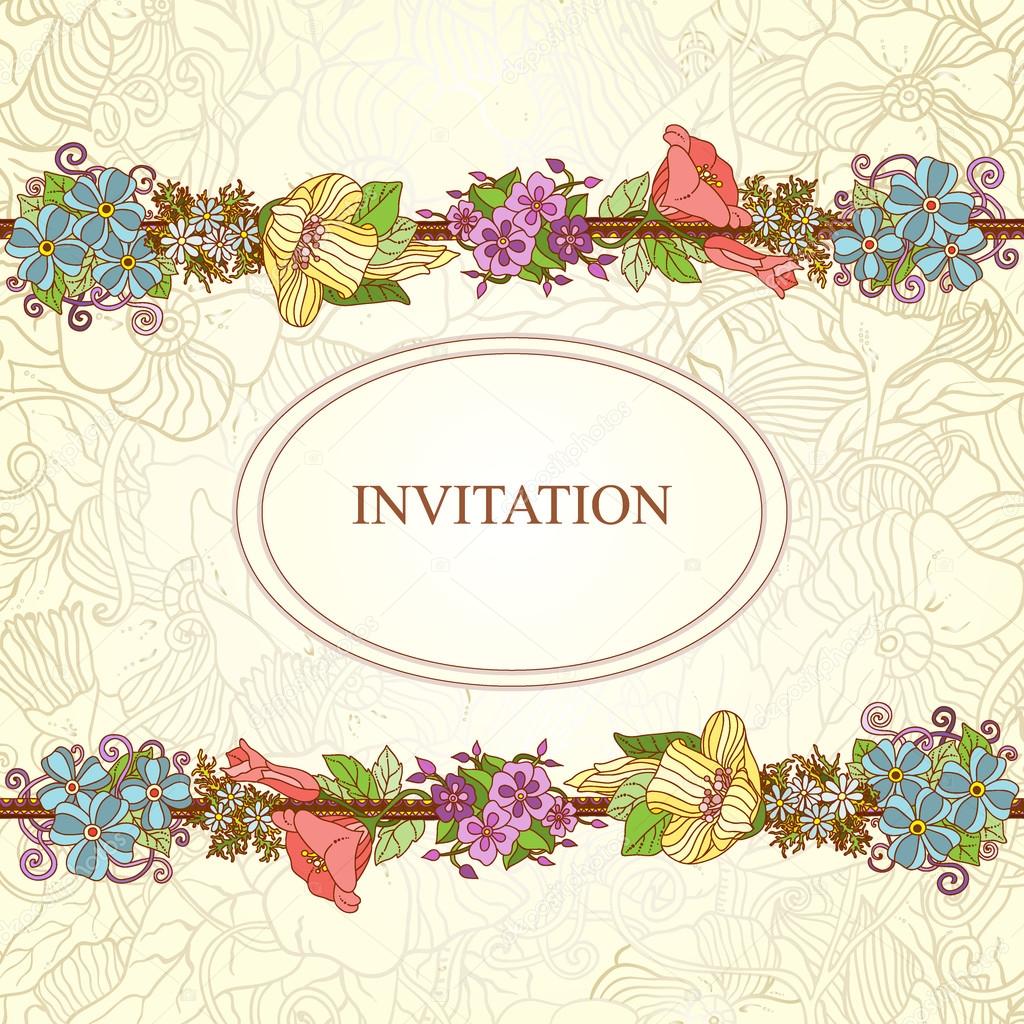 Vector floral invitation card, hand drawn retro flowers and leaves in circle