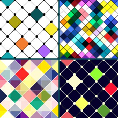 Set of four retro seamless pattern. Colorful mosaic banner. Repeating geometric tiles with colored rhombus. Geometric background.