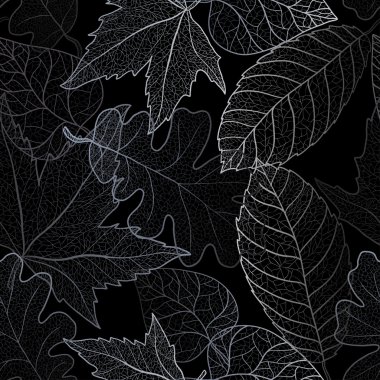 Autumn transparent maple leaves pattern background. Art autumn leaves pattern in shades of grey. Fabric texture.