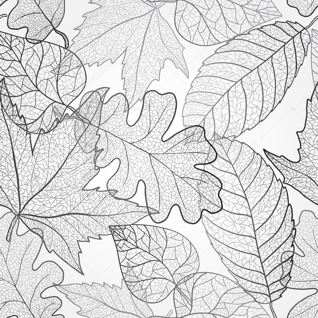 Autumn transparent maple leaves pattern background. Black and white art autumn leaves pattern. Fabric texture.