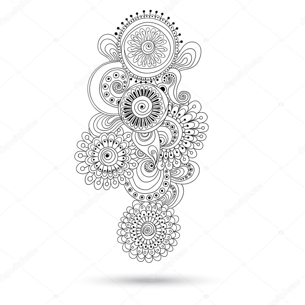 Henna Paisley Mehndi Doodles Abstract Floral Vector Illustration Design Element. Black And White Version.