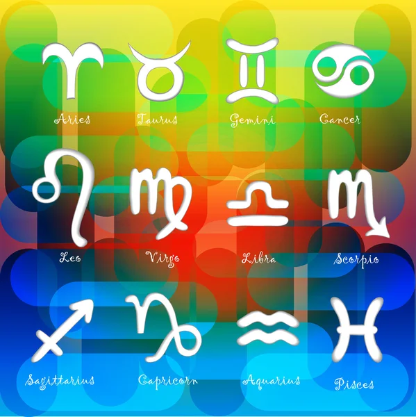 Conjunto de símbolos astrológicos do zodíaco. Sinais de horóscopo, fundo colorido . — Vetor de Stock