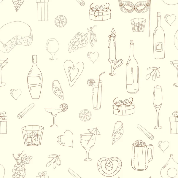 Κρασί και κοκτέιλ ομοιογενές φόντο. διακοπές μοτίβο με την αγάπη καρδιές, κρασί, σταφύλι, Τυριά λιωμένα, αρκούδα και δώρα. έγχρωμη έκδοση. — Διανυσματικό Αρχείο