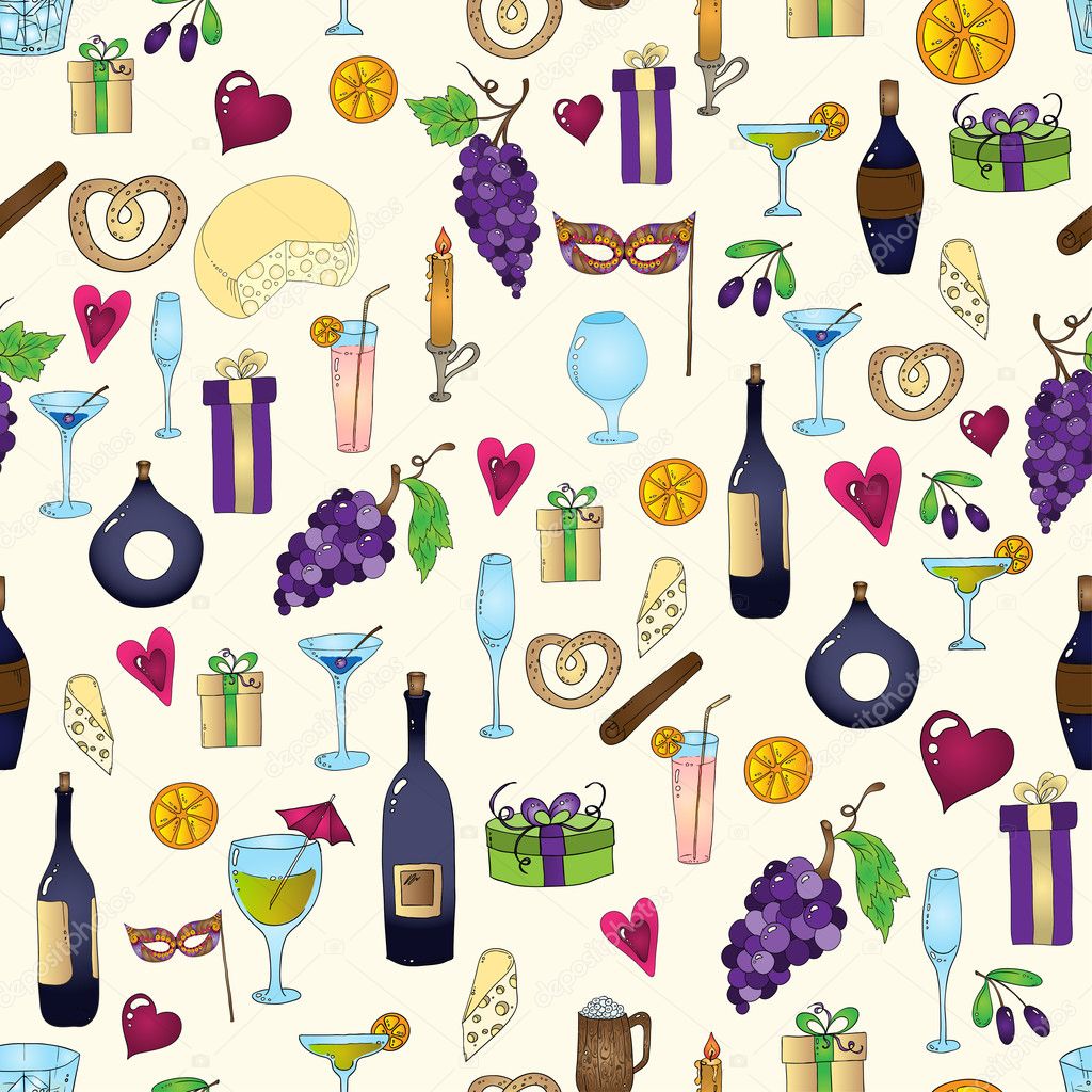 Wine and coctail seamless background. Holiday pattern with love hearts, wine, grapes, chees, bear and gifts. Colored version.