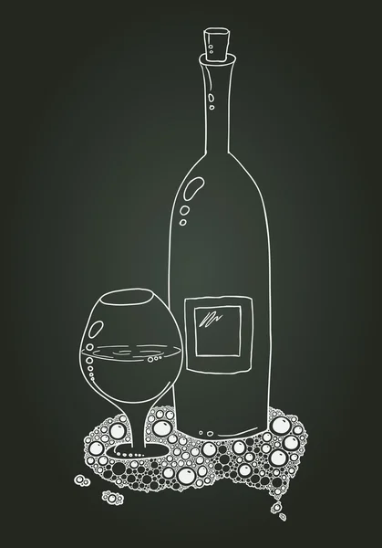 Botella de vino y copa con Doodle. Bosquejo de tiza — Vector de stock
