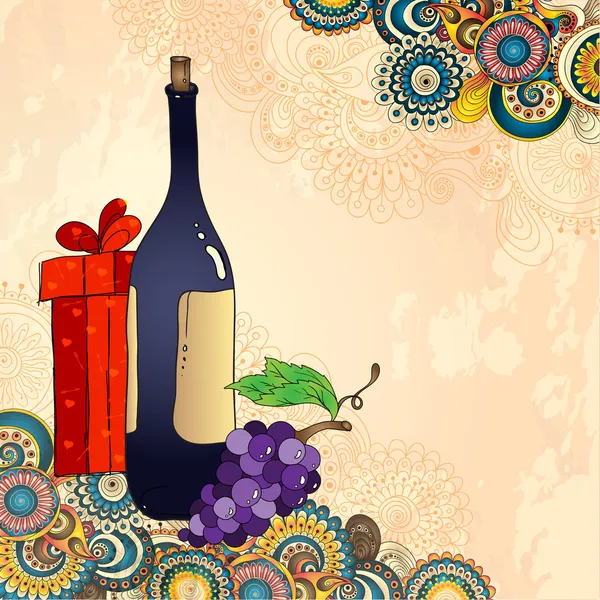 Tarjeta de vacaciones con botella de vino, uvas, caja de regalo y pepinos de arte en el fondo floral de garabato. Estilo de boceto . — Vector de stock