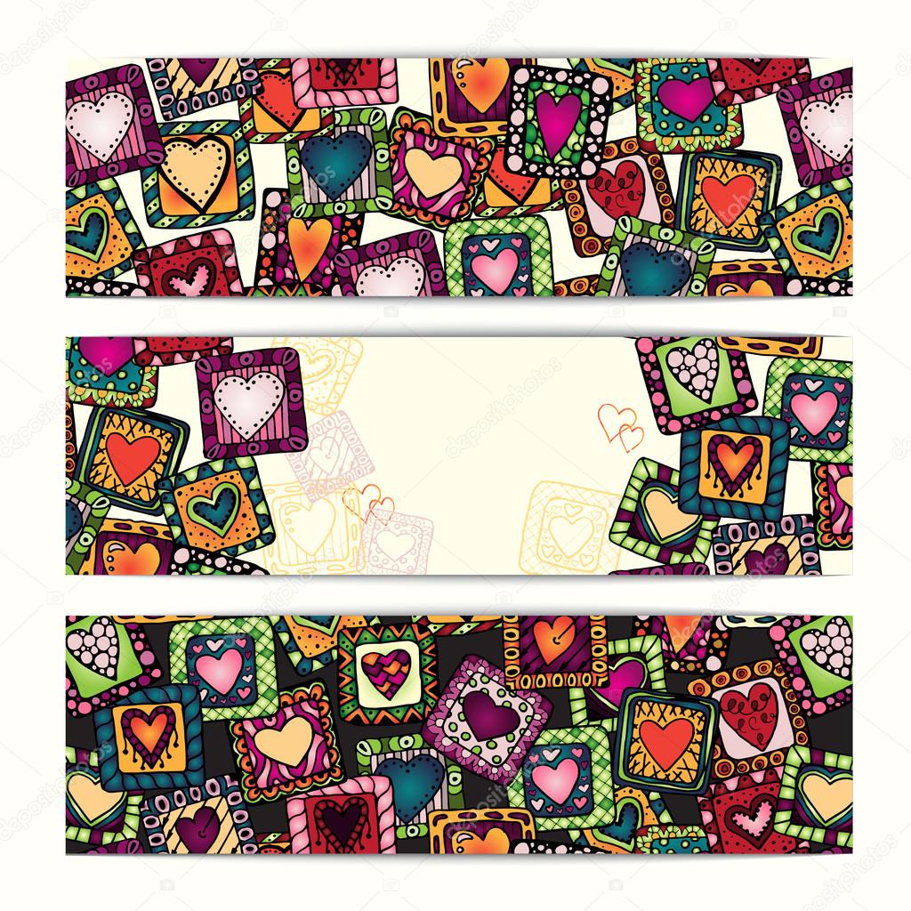 Unique abstract hand drawn ethnic pattern card set with original hearts
