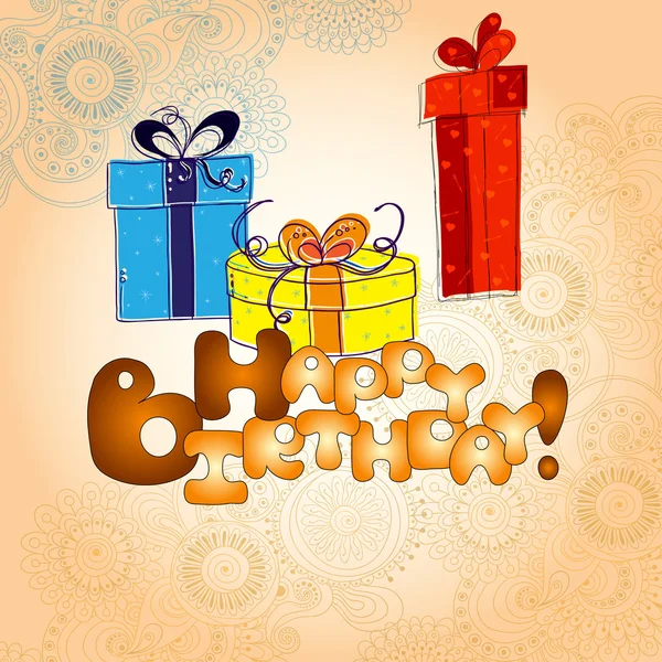 Joyeux anniversaire carte avec trois boîtes-cadeaux avec des arcs sur le fond floral doodle. Style de croquis . — Image vectorielle