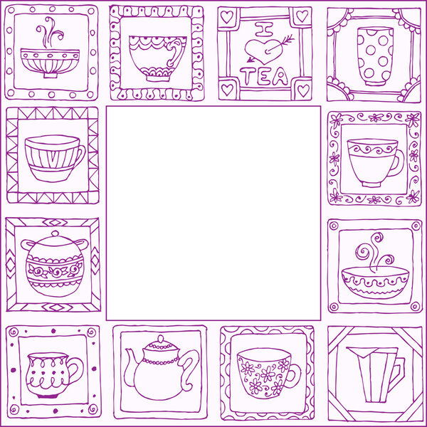 Чашки чая и кастрюли рамка смешной баннер нарисованный дизайн
