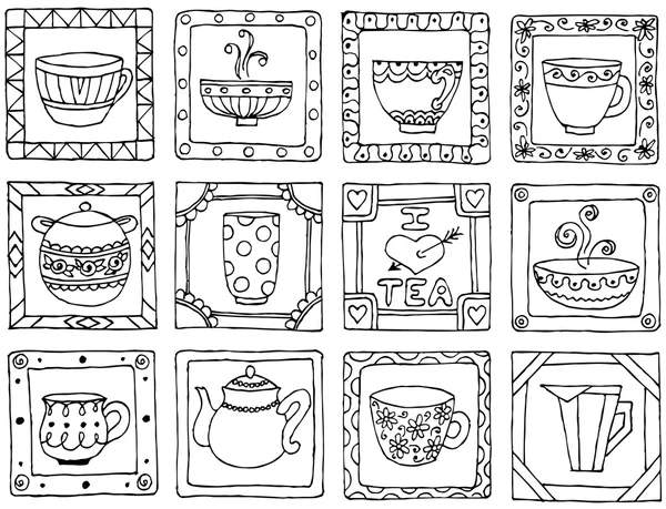 Tea cups and pots frame funny banner hand drawn design. Seamless thing. — Stock Vector