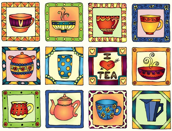 Чашки чая и кастрюли обрамляют смешной баннер ручной работы дизайн. Бесшовная штука . — стоковый вектор