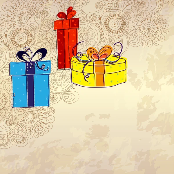 Tarjeta de vacaciones con tres cajas de regalo con lazos en el fondo floral garabato. Estilo de boceto . — Vector de stock