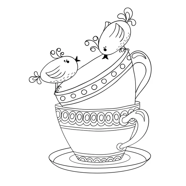 Carte avec tasses à thé et oiseaux d'art — Image vectorielle