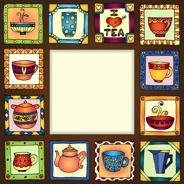 Tea cups and pots frame hand drawn design. — Stock Vector