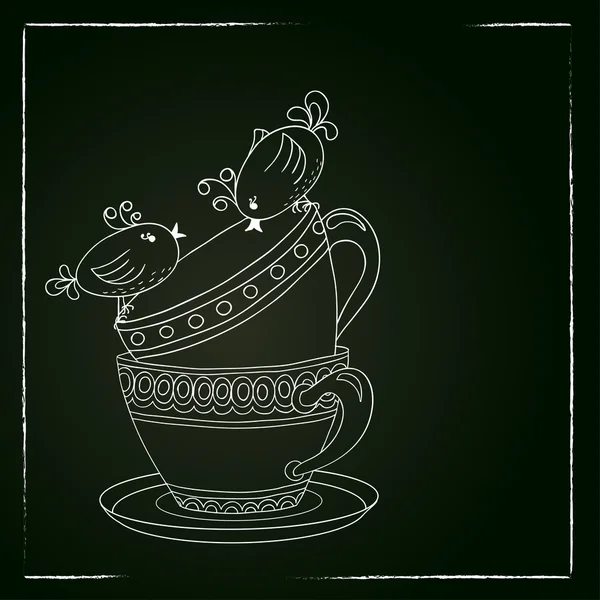 Cartão com xícaras de chá e pássaros de arte — Vetor de Stock