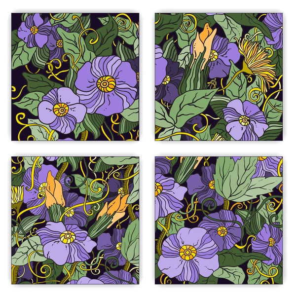 Conjunto de tarjetas de patrón abstracto único dibujado a mano con flores y hojas de arte. Perfecto para invitaciones o anuncios . — Vector de stock