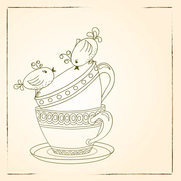 Tarjeta con tazas de té y aves de arte — Vector de stock