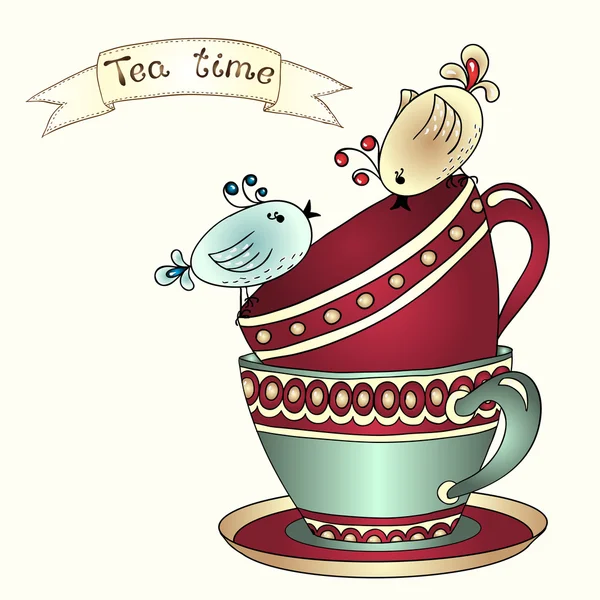 Tarjeta con tazas de té y aves de arte — Archivo Imágenes Vectoriales