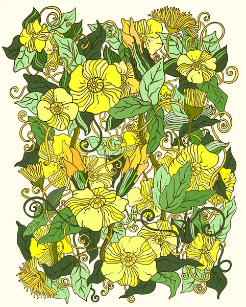 Floral achtergrond, grafische bloemen en bladeren. — Stockvector