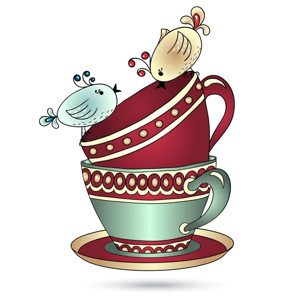 Cartão com xícaras de chá e pássaros de arte — Vetor de Stock