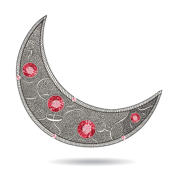 Graphic decorative moon with red rubies on the white background. Layered vector. — Stock Vector