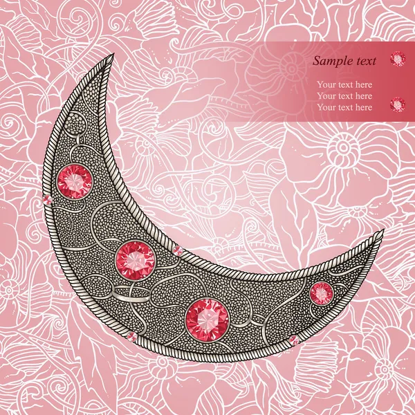 Luna decorativa grafica con rubini rossi sullo sfondo floreale. Vettore a strati . — Vettoriale Stock