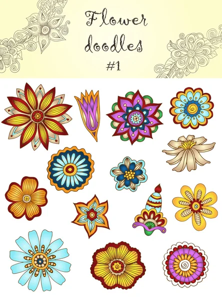 Uppsättning av doodle blommor #1. Dekorativa blommor. — Stock vektor