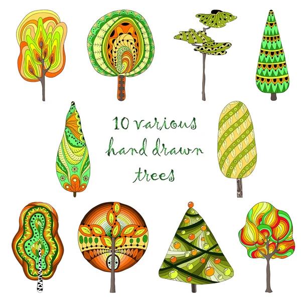 Alberi disegnati a mano isolati, schizzo, set di alberi in stile doodle — Vettoriale Stock