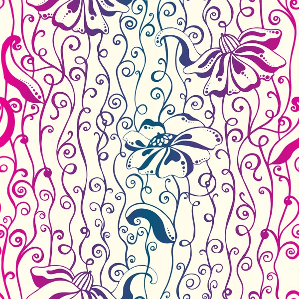 Fundo sem costura floral, flores gráficas e folhas. Padrão desenhado à mão abstrata com flores de arte . — Vetor de Stock