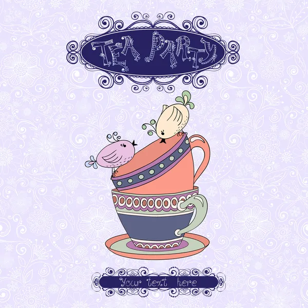 Tarjeta de invitación de fiesta de té con tazas y pájaros . — Vector de stock