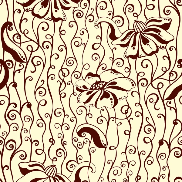 Fondo floral sin costuras, flores gráficas y hojas. Patrón dibujado a mano abstracto con flores de arte . — Archivo Imágenes Vectoriales