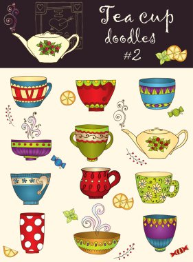 doodle çay bardağı vektör kümesi. karalamalar serisi.