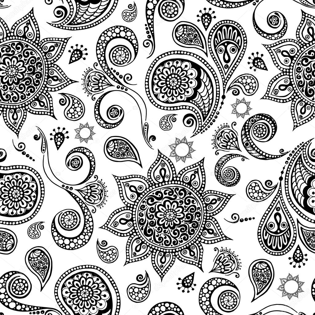 Ethnic seamless pattern with mandala, cucumbers and paisley. Round Ornament Pattern. Ornamental Flowers.