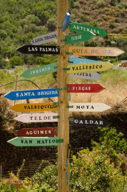 Gran Canaria 'nın farklı belediyelerinin yönünü gösteren işaretler..