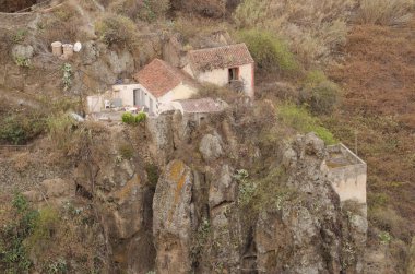 Firgas, September 13, 2020: Houses on a cliff in the Azuaje ravine. Gran Canaria. Canary Islands. Spain.