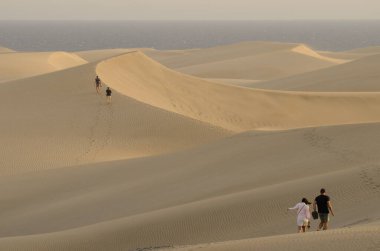 People walking in the Maspalomas Dunes. Natural Reserve of the Maspalomas Dunes. San Bartolome de Tirajana. Gran Canaria. Canary Islands. Spain.