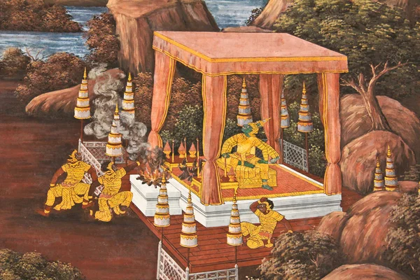 Mooie scène geschilderd op een muur van de tempel in de grand palace — Stockfoto