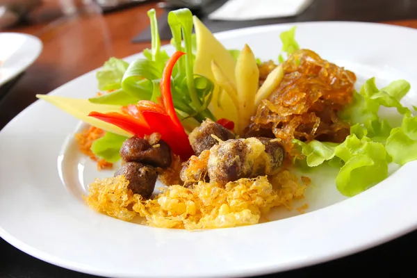 Thai food, rice in cold water served with fried sweet pork,fried — Stock Photo, Image