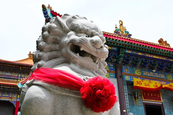 Escultura de piedra de león chino en el templo chino en Nonthaburi —  Fotos de Stock