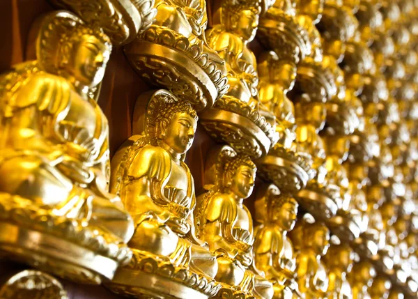 Viele kleine Buddha-Statuen an der Wand im chinesischen Tempel, Thailand — Stockfoto