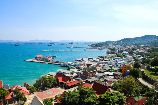 Aerial view of fisherman pier in with village and town at Sricha — Stock Photo, Image