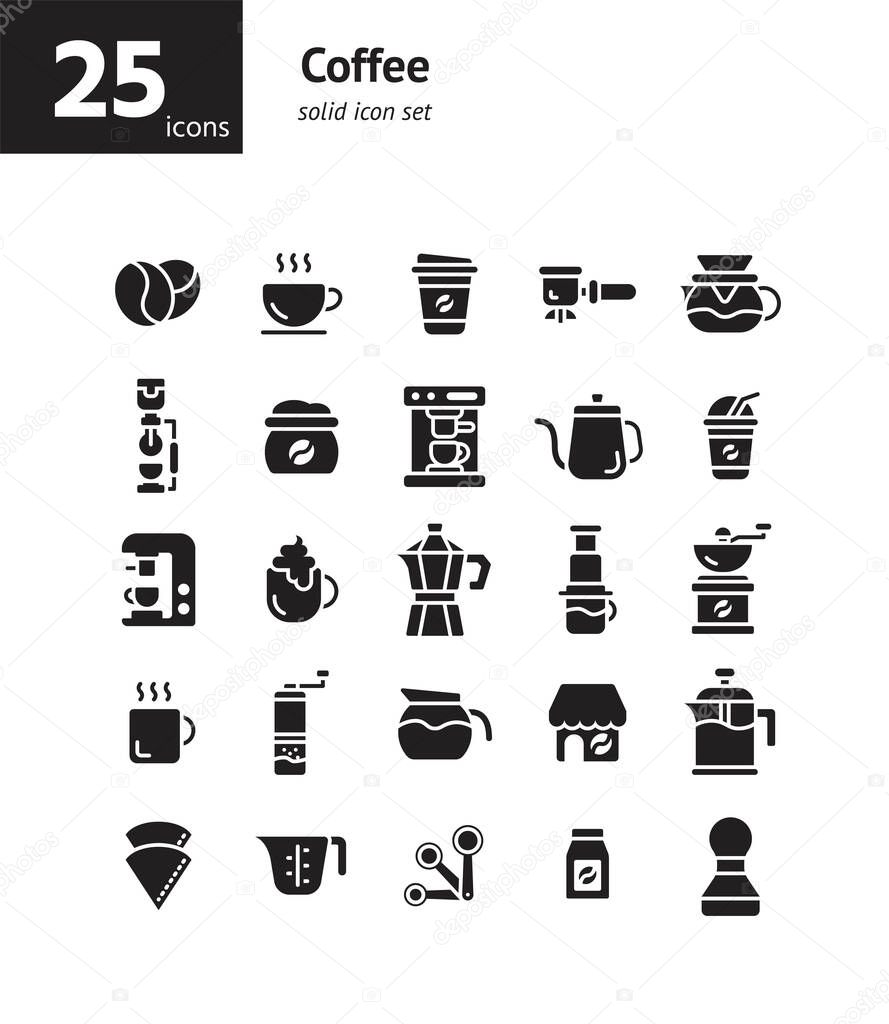 Coffee solid icon set. Vector and Illustration.