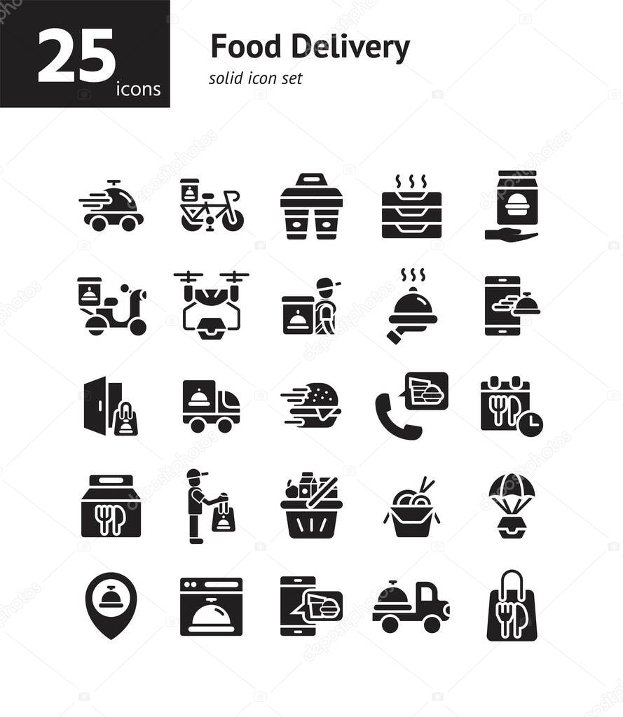 Food Delivery solid icon set. Vector and Illustration.